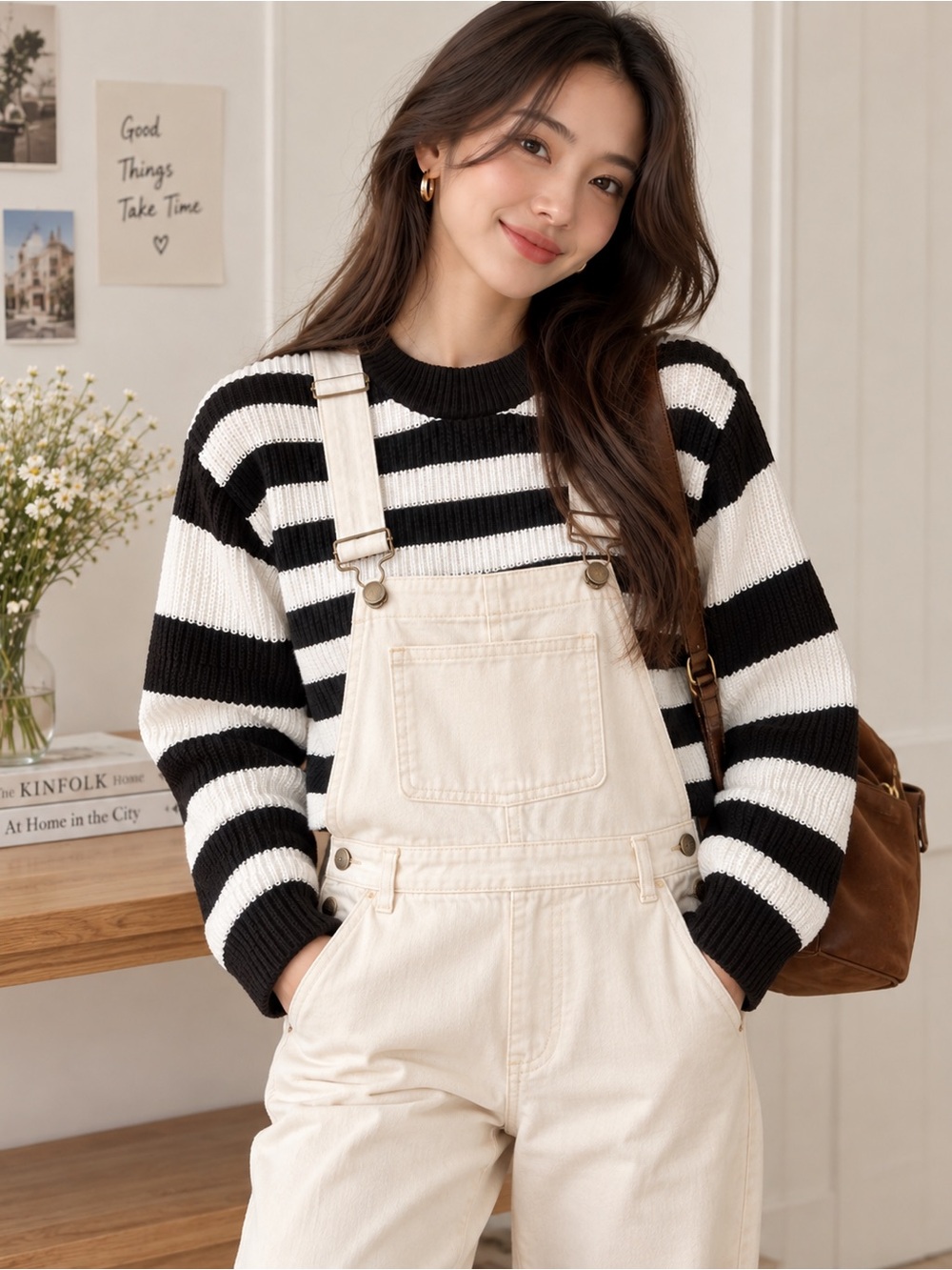 MONKI Brown Cream Striped Chunky Knit Sweater XS Cozy Ribbed Crewneck